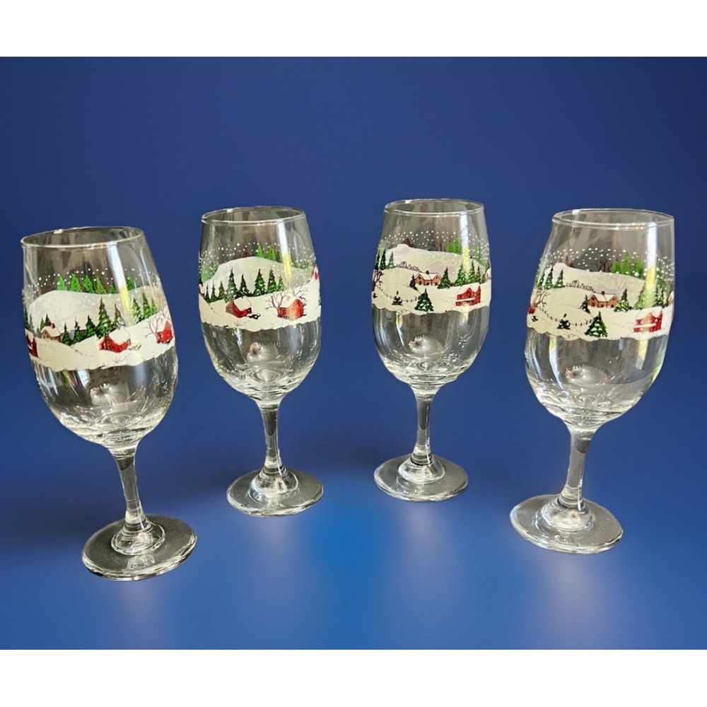 Set Of 4 Vintage Winter Village 12 OZ Water Goblets By Libbey Glass 7 3/4"